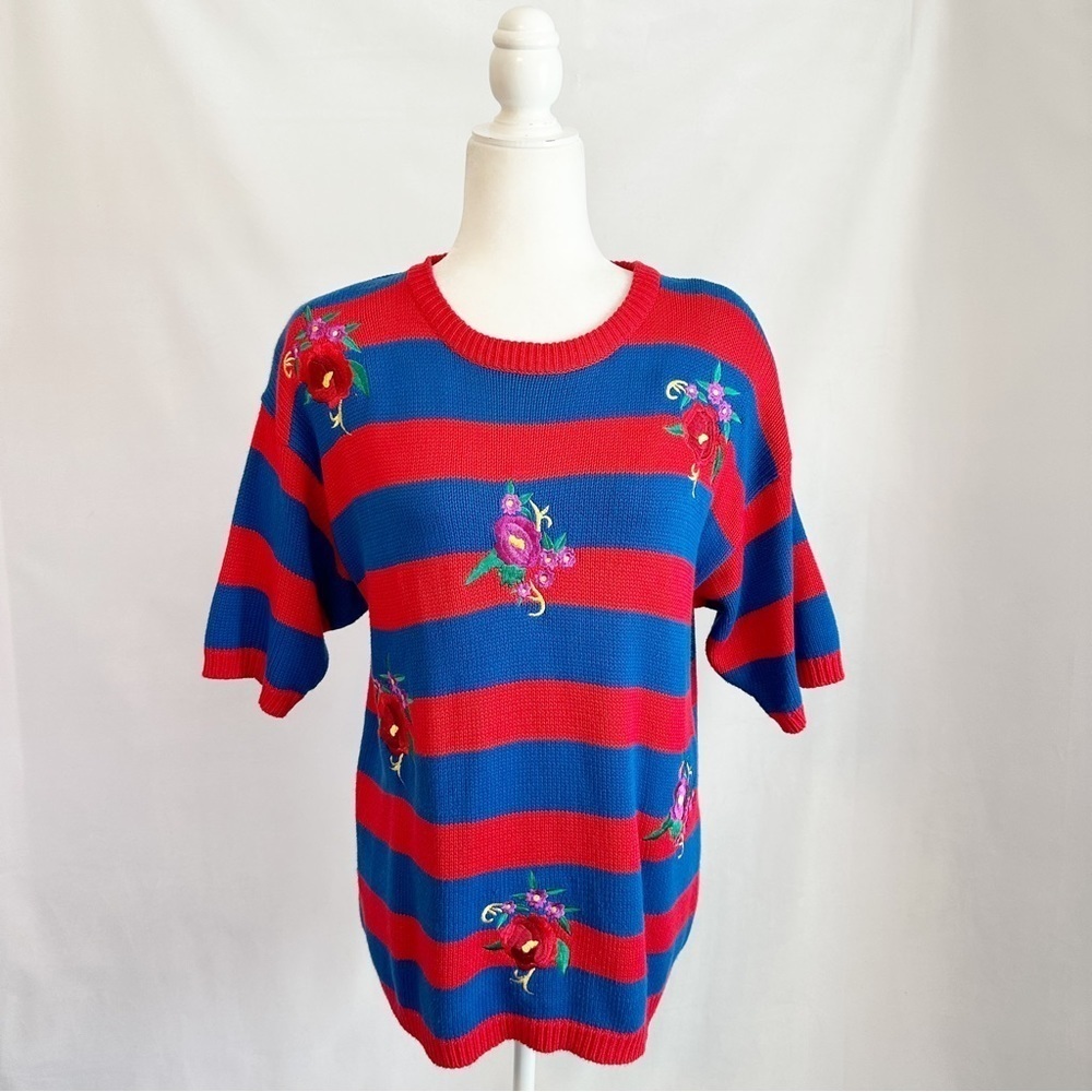 VTG 80s Weathervane Colorful Stripe Embroidered Floral Short Sleeve Knit Sweater